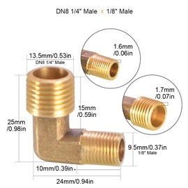 Threaded Fittings Brass Pipe, 90 Degree Connections Brass Hose Barb Fitting, BSP Male Thread Pipe Oil Gas Angle Fitting Coupling (DN8 1/4" Male Thread x 1/8" Male Thread)