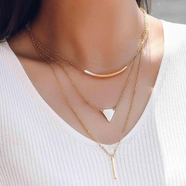 Cimenexe Bohemian Layered Bar Choker Necklace Gold Curved Bow Bar Pendant Necklace Metal Horizontal Bar Triangle Necklace Geometric Triangle Chain Necklace Jewellery for Women, Zinc, No Gemstone