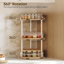 YATINEY 3-Tier Lazy Susan Organizer, Rotating Spice Rack, Spinning Organizer, Industrial Turntable Spice Rack Organizer for Cabinet, Kitchen Countertop, Pantry, White and Natural SR23WN
