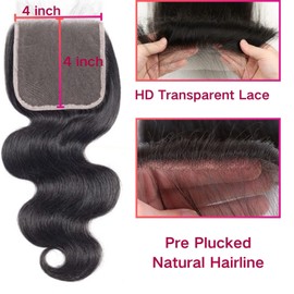 Human Hair Closure Body Wave Hd Lace Closure 12A Remy Human Hair Closure for Black Women 4x4 Hd Lace Closure Human Hair Weave Pre Plucked 4X4 Hd Transparent Lace Frontal Closure Natural Black 10 Inch