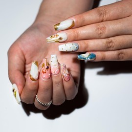 TENPAL Coffin Fake Nails With Hand-Painted Tulips Designs Ombre Orange Acrylic Press on Nails For Spring Summer Nails Press ons 10pcs/Box Handmade Full Cover Gel Nails With Air Brush Nail Art(M)