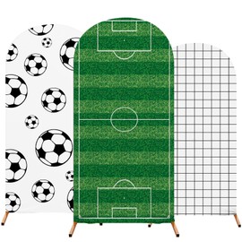 Tingjoo 3 Pcs Soccer Theme Arch Stand Cover Spandex Fitted Round Top Arch Backdrop Soccer Theme Birthday Party Decor for Wedding Birthday Party Anniversary 4ft 5ft 6ft (White,Football Pattern)