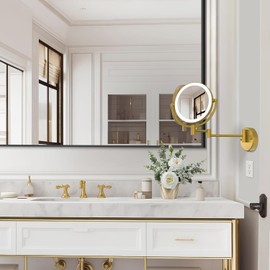 Hardwired Bathroom Makeup Mirror Wall Mount Gold, Double Sided 1/10X Magnifying Make up Mirror with Lights 3 Color & Adjustable Brightness, 360 Swing Arm Shaving Mirror, Brushed Moderne Brass
