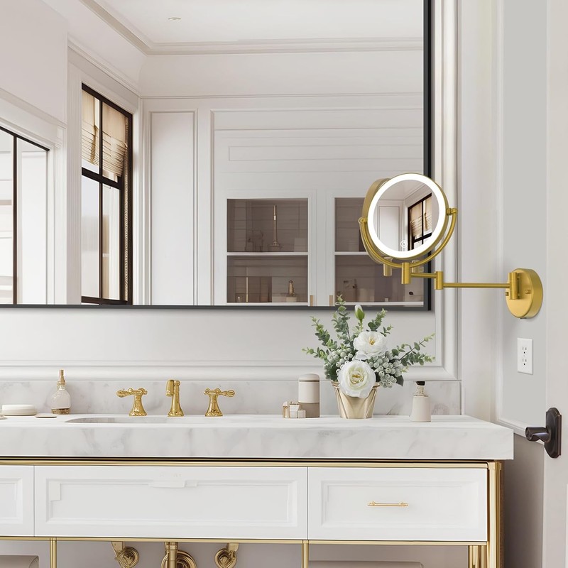 Hardwired Bathroom Makeup Mirror Wall Mount Gold, Double Sided 1/10X