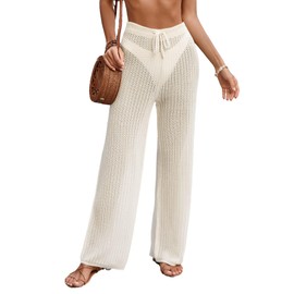 BreathSunny Womens Crochet Knit Elastic Waist Beach Coverup Summer 2025 Trendy Tie Drawstring Bathing Suit Cover Up Pants, Cream White, X-Large
