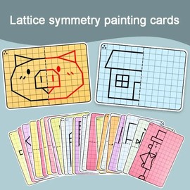 Symmetrical Drawing Puzzle for Children, Geometric Drawing Game Cards for Children with 30-Sided Grid, Focused on Fine Motor Skills when Writing and 4-Colour Brush Control Training Drawing