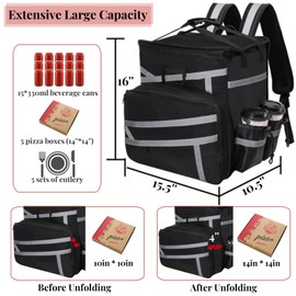 ZAVOOS Food Delivery Backpack, Expandable Insulated Pizza Bag with 4 Cup Holders, Large Waterproof Catering Bag with Reflective Strip Support Boards for Delivery Bike, Doordash