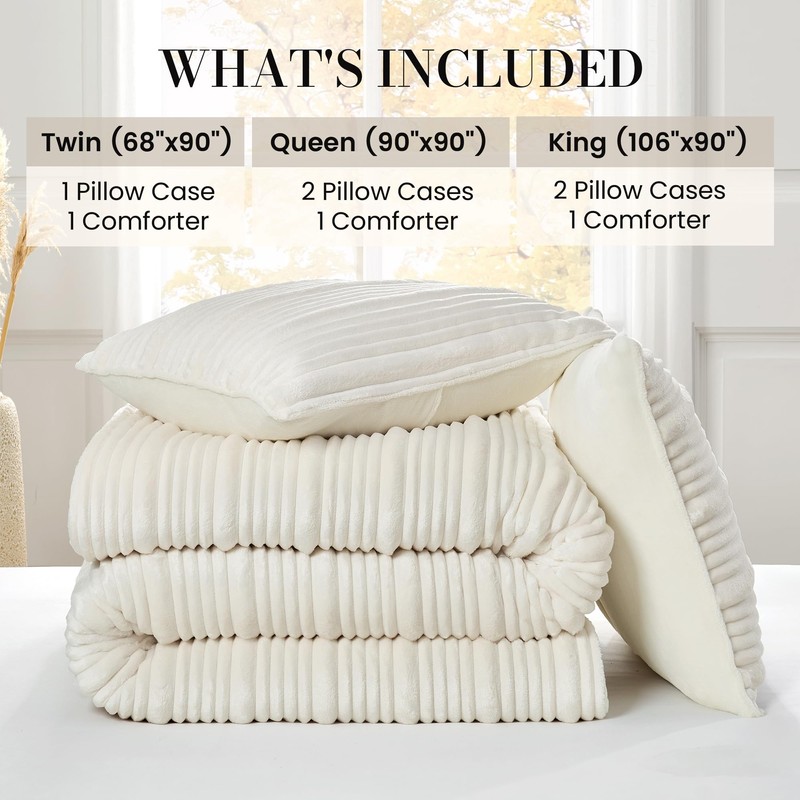 Amélie Home Fleece Queen Comforter Set Ivory, 3 Pieces Super