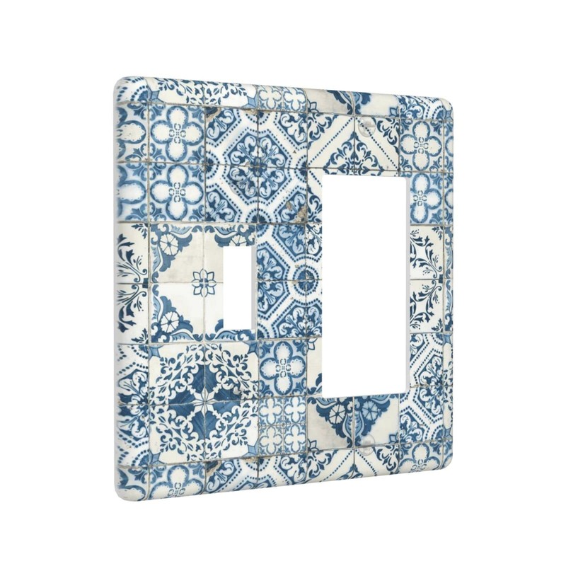 Retro Blue Tile 2 Gang Single Toggle/Rocker Combination Light Switch