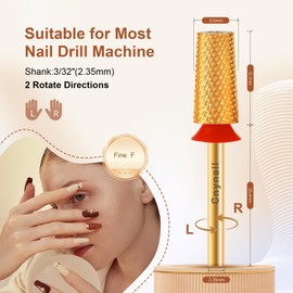 Cnynail 3/32" Large Tapered Barrel Flat Bit Tungsten Carbide Nail Drill Bit Safety Bit for Gel & Acrylic Removal, 2- Way Rotating Efile Tip, Salon Electric File Accessory (F Girt, Gold)