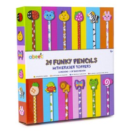 abeec 24 Funky Pencils with Eraser Toppers - 24 Pencils with Rubbers Set - 12 Different Designs with 2 of Each - Drawing Pencils for Kids 6+ - Party Bag Fillers