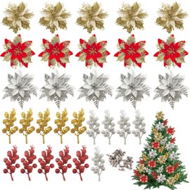 WJccsee 30 Pcs Poinsettia Flowers for Christmas,6 Styles Artificial Flowers for Gift Wrapping Decorations with Clips, Fake Flowers Decor Xmas Christmas Tree Wreath Wedding Party