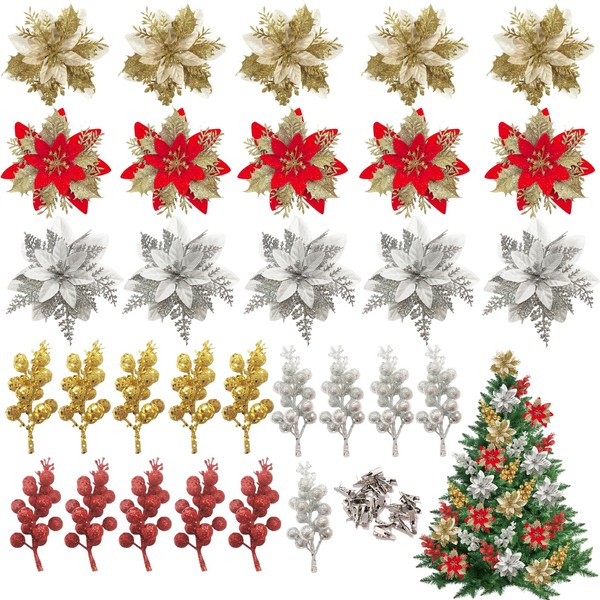 WJccsee 30 Pcs Poinsettia Flowers for Christmas,6 Styles Artificial Flowers