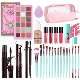 Kit de maquillaje completo para mujer, 18 colores de sombras de ojos, iluminador, lápiz labial, rubor líquido, máscara de pestañas, delineador de ojos líquido, lápiz de cejas, base, esponja, bolsa
