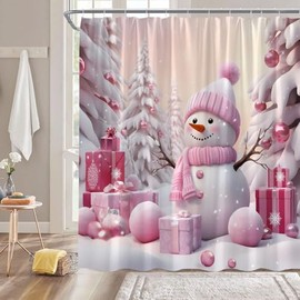 ZNLSU Christmas Snowman Shower Curtain Pink Cute Snowman Xmas Ball Gift Box Pine Tree Forest Vintage Winter Holiday Fabric Bathroom Curtain Sets with Hooks