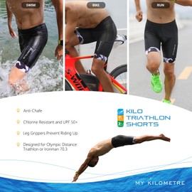 My Kilometre Triathlon Shorts Men's 9 Inch with Adjustable Drawstring Easy Reach Leg Pockets Chamois for Long-Distance Tri Race, black-white