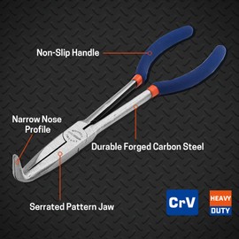 11 Inches Long Reach Pliers, 90 Degree Angle Extra Long Bent Nose Pliers with Serrated Jaws, Long Handle Bent Nose Pliers for Hard to Reach Narrow Spaces