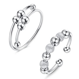 KALVICA 2 PCS Anxiety Rings 925 Sterling Silver Fidget Ring for Women Men Anxiety Adjustable Spinner Ring Open Bead Thumb Rings Stress Relief Peace Rings