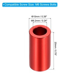 PATIKIL M6 Aluminum Spacer, 6 Pieces Metal Spacer Aluminum 6.2mm ID x 10mm OD x 20mm L Aluminum Screw Spacing Round for 1/4" or M6 Screw Bolt, Red