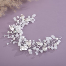 Teyglen Silver Leaf Crystal Hair Vine Bridal Rhinestone Headband Handmade Opal Crystal Pearl Hair Piece Leaf Headpiece Wedding Hair Accessories for Women (Opal)