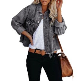 LONGBIDA Women's Jean Jacket Long Sleeve Cropped Button Down Denim Jacket For Women(Grey Black,L)