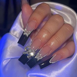 MISUD Long Square Press on Nails Squoval Fake Nails Glossy Glue on Nails Black French Tip Acrylic Nails Bling Glitter Artificial Nails Butterfly Rhinestone Stick on False Nails with Design 24 pcs