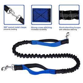 Hands Free Dog Leash for Running Walking Training Hiking, Dual-Handle Reflective Bungee, Poop Bag Dispenser Pouch, Adjustable Waist Belt, Shock Absorbing, Ideal for Medium to Large Dogs (Black W Blue)