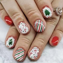 Christmas Cute Fake Nails Short Press on Nails Square Acrylic Nails Xmas Tree False Nails with Cane Candy Stripes Designs Glue on Nails Acrylic Stick on Nails for Women 24Pcs（Red Green White）