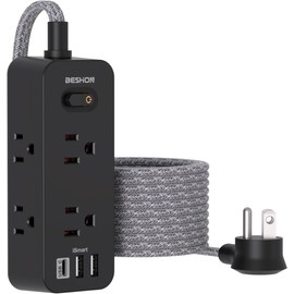 Black Power Strip Surge Protector, BESHON 5Ft Extension Cord, 6 Outlets with 3 USB Ports(1 USB C Outlet), 3-Side Outlet Extender, Wall Mount, Compact for Travel, Home, College Dorm Room, and Office
