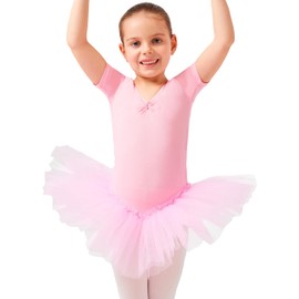 Tanzmuster Children’s Ballet Tutu "Nele" - cute short sleeve ballet leotard with tutu skirt and rhinestones in pink and white., pink, 140/146