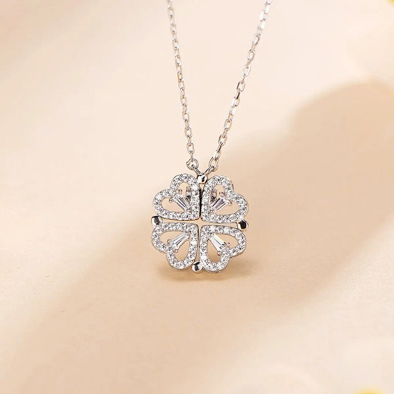 Collar Convertible Plata 925 Corazón Y Trébol De 4 Hojas