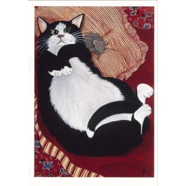 White Fat black and white cat on couch with mouse Christmas Card #92- 1 card + 1 blank