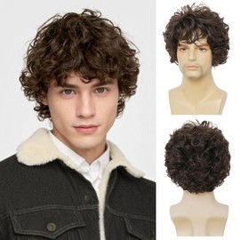 Tseses Mens Brown Short Curly Wig Synthetic Heat Resistant Hair Wigs for Male Cosplay Daily Guy