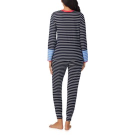 Nautica 2-Piece Crew Neck Pajama Set, Long Sleeve Top & Jogger Pants with Drawstring for Women, Lightweight Cotton Blend, Navy Stripe, Medium