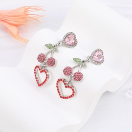 Cherry Earrings for Women Cute Pink Cherry Dangle Earrings Rhinestone Sweet Drop Earrings Pink Love Heart Earrings Jewelry Gifts for Girls