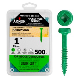ARMOR TOOL Pocket Hole Screws - 1" Fine Thread Screws 500 Piece with Green Color Coat & Square Drive - AP-F-100-500