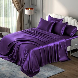 P Pothuiny 6 Pieces King Satin Sheets Luxury Silky Purple Satin Bedding Sheet Set, 1 Deep Pocket Fitted Sheet + 1 Flat Sheet + 4 Pillow Cases