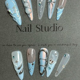 Handmade Blue Ribbon Bow Butterfly Almond Pointy Summer Press on Nail - size: S, Length: Short