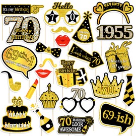 70th Birthday Photo Booth Props for Women & Men, Black Gold Adult 70th Birthday Photo Booth Props, Cheers to Seventy Birthday Photo Props Decor, Funny Seventy Birthday Party Supplies