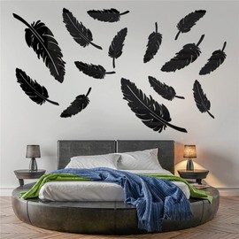 TROYSINC 15 adesivi da parete a specchio in acrilico 3D, grandi foglie artistiche, da parete, per camera da letto, soggiorno, colore nero