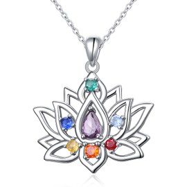 Flyow Lotus Chakra Necklace 925 Sterling Silver 7 Chakra Pendant Necklace Yoga Lotus Flower Chain Jewellery Gifts for Women, Sterling Silver