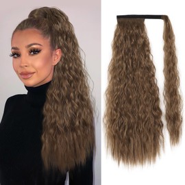 Stamped Glorious Long Corn Wave Ponytail Extension Magic Paste Heat Resistant Wavy Synthetic Wrap Around Ponytail Hairpiece for Black Women (22 Inch, 22 Inch-Bronze Brown)