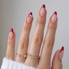 MISUD Almond, Stiletto False Nails 24pcs - Red French Tip, Christmas Hat Design, ABS Material, Press On Nails, Artificial Nails