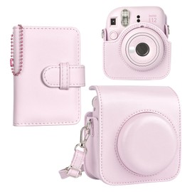 HIYQIN Instant Camera Case Compatible with Instax Mini 12/11 /9/8/8+, PU Leather Bag with Pocket and Adjustable Shoulder Strap, pink, Camera bag