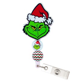 INLOLLY Grinch Badge Reel Badge Holder Retractable Clip, Christmas Badge Reel for Nurse CNA Doctor RN Office Teacher Student, Cute Funny Alligator Clip Grinch Accessories