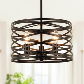 WILON Farmhouse Chandeliers for Dining Room, 3-Light Industrial Pendant Lighting for Kitchen Island Black Drum Ceiling Hanging Pendant Light Rustic Metal Pendant Light Fixture Foyer Entryway Kitchen