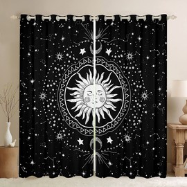 Sun and Moon Window Drapes Boho Exotic Window Curtains for Bedroom Living Room for Kids Boys Girls Children Bohemian Style Window Treatments Galaxy Star White Black W46*L54
