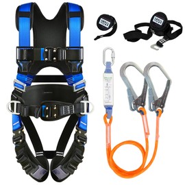 Safety Harness Fall Protection Kit with Shock Absorbing Lanyard & Suspension Trauma Safety Straps Upgrade Quick Buckles, Roofing Harness Construction Harness Para Construccion ANSI Compliant Blue
