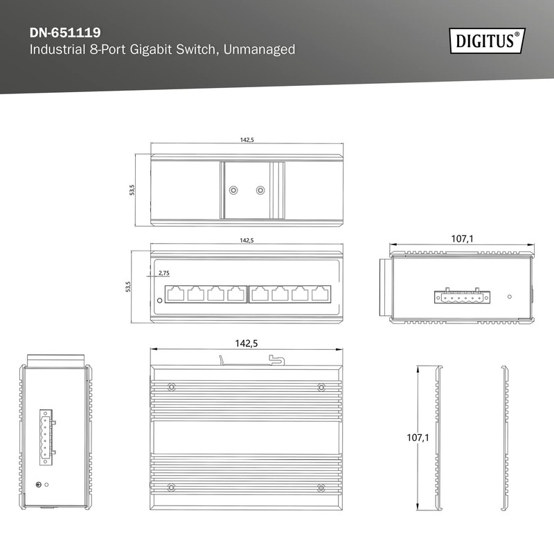 DIGITUS Network Switch - 8-Port Gigabit Ethernet - DIN-Rail Mounting