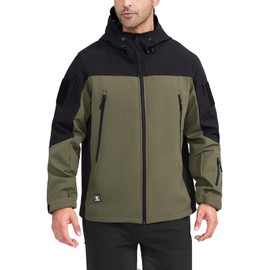 FREE SOLDIER Men's Outdoor Waterproof Soft Shell Hooded Military Tactical Rain Jacket (Green Black, XL)